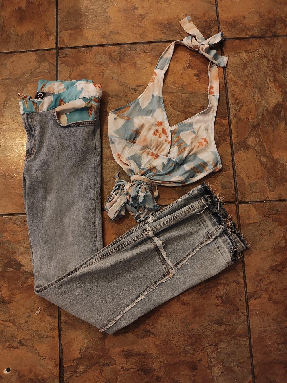 XOXO Vintage Distressed Jeans With Matching Floral Tied Halter Top *RARE*